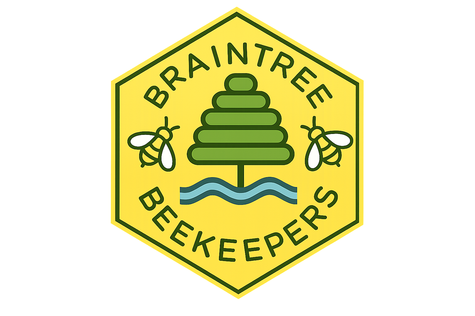 Braintree Beekeepers Logo of a stylised tree, river and bees with the words Braintree Beekeepers